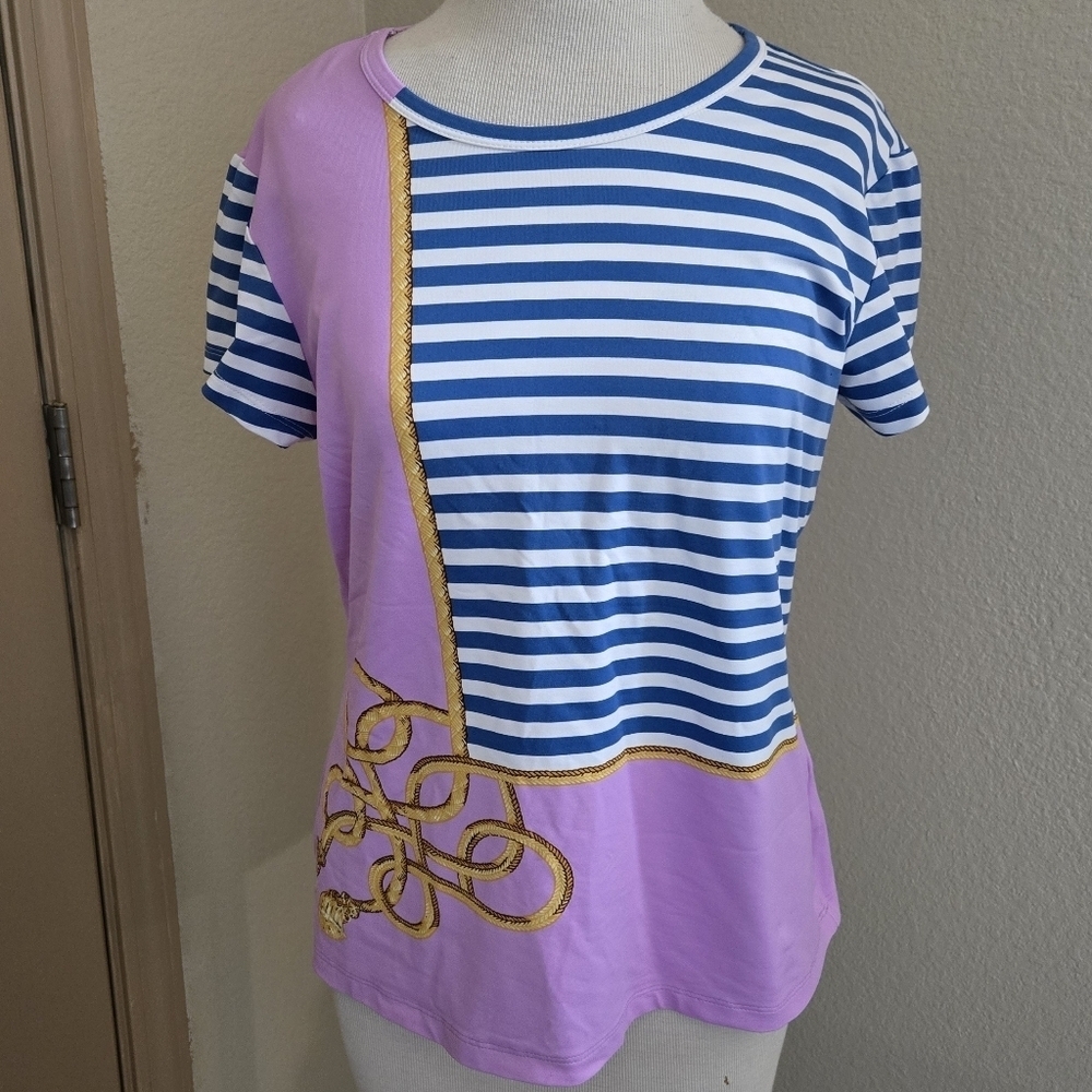 J McLaughlin Catalina Tee Top Size L Crew Neck Striped Rope Print